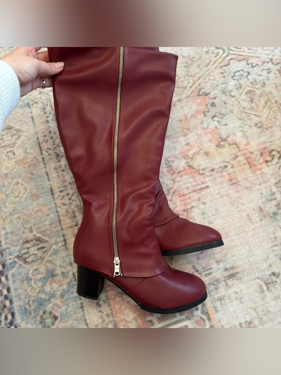 Shoes - Tall red/burgundy faux leather boot with gold zipper